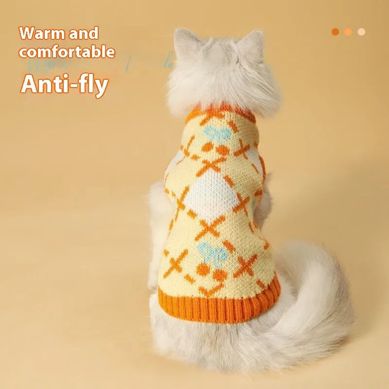 Orange cat sweater for autumn and winter wear, shown on a cat, with sizing options from S to XL.