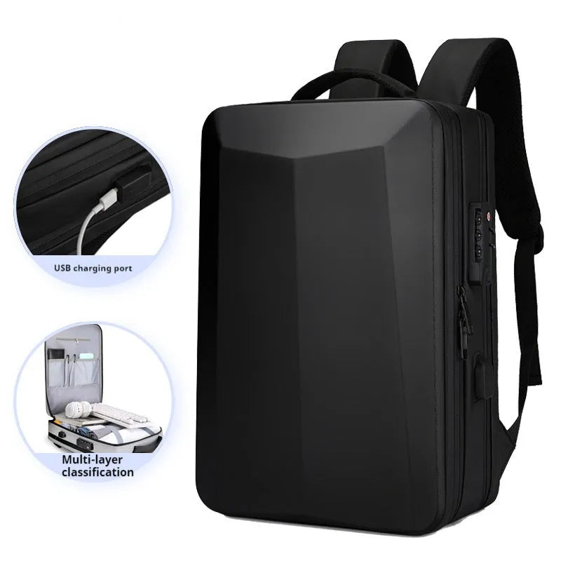 Black waterproof business backpack with curved shoulder straps and Oxford cloth construction