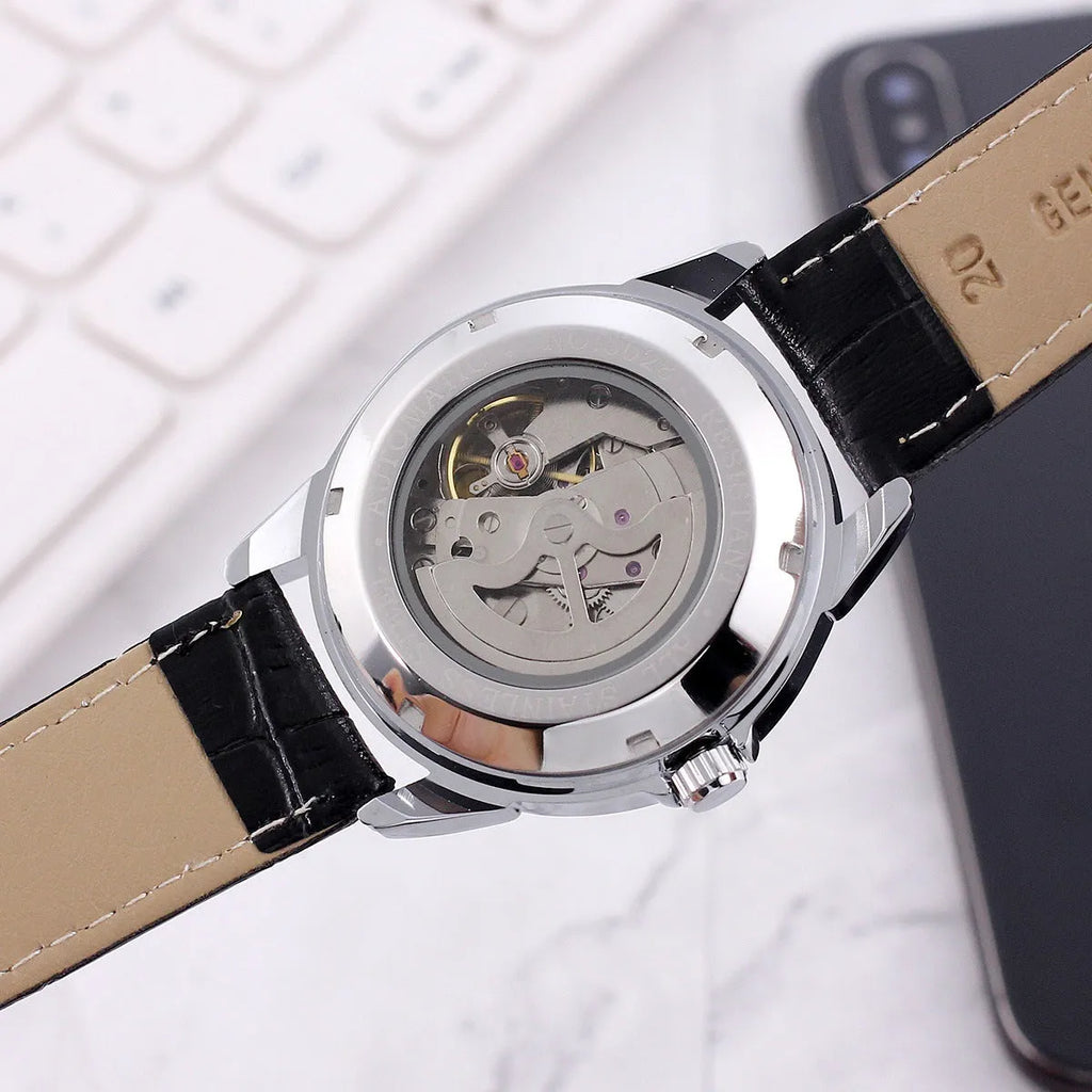 Mens transparent skeleton automatic casual watch with 37mm dial, genuine leather strap, and alloy case