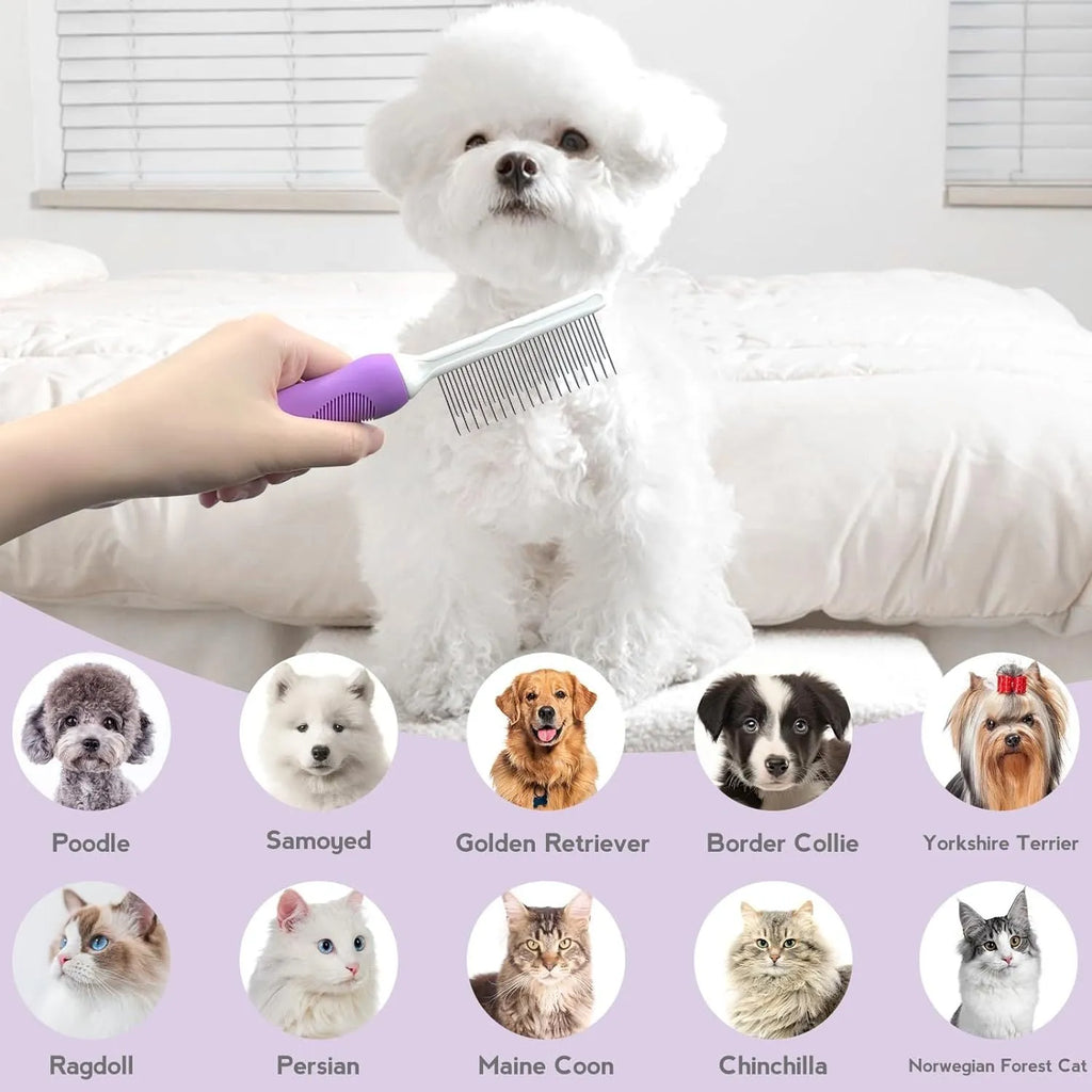 Purple pet grooming comb with stainless steel long and short teeth on a wooden surface.