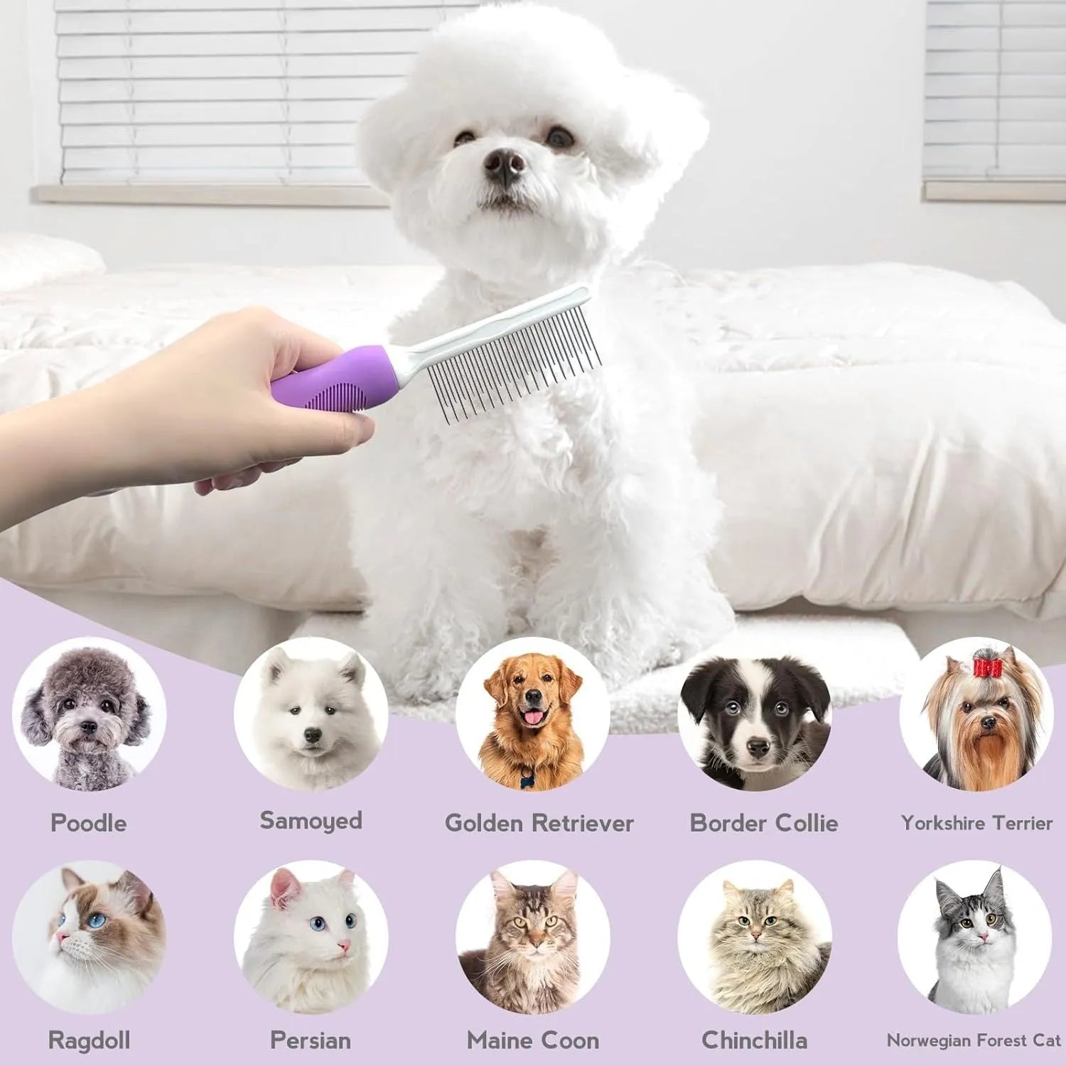 Purple pet grooming comb with stainless steel long and short teeth on a wooden surface.