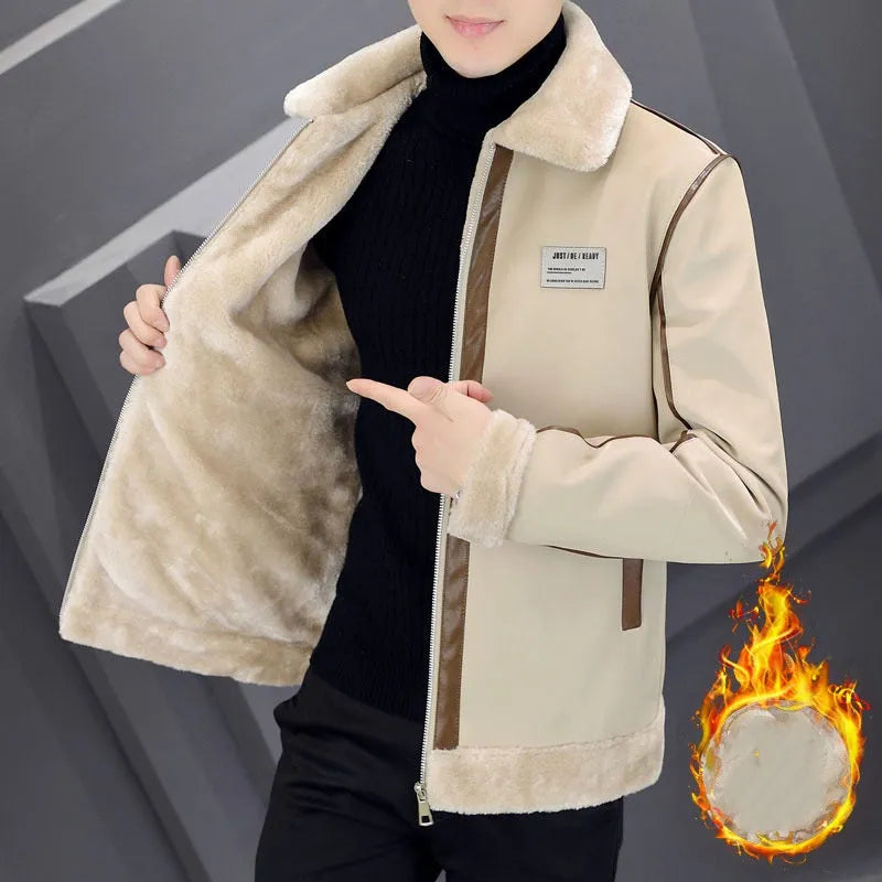 Men's corduroy winter coat with rabbit fur lining and suede leather accents, available in multiple colours and Asian sizes