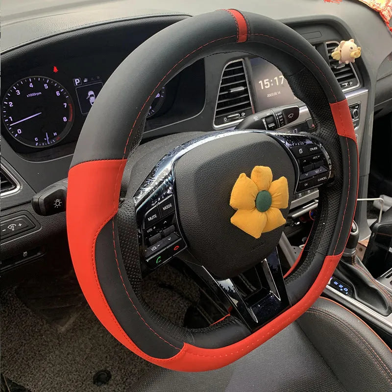 Leather steering wheel cover showing round and D-type styles in red, black, blue, and brown colours