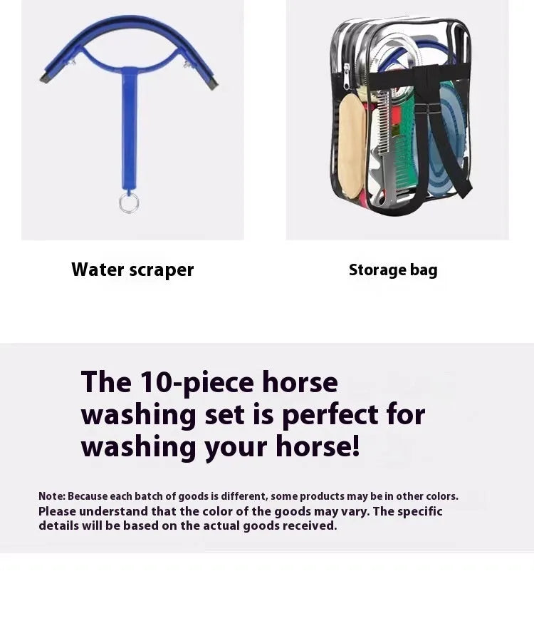 Ten-piece horse grooming kit showing brushes, aluminium combs, and storage bag for equestrian care