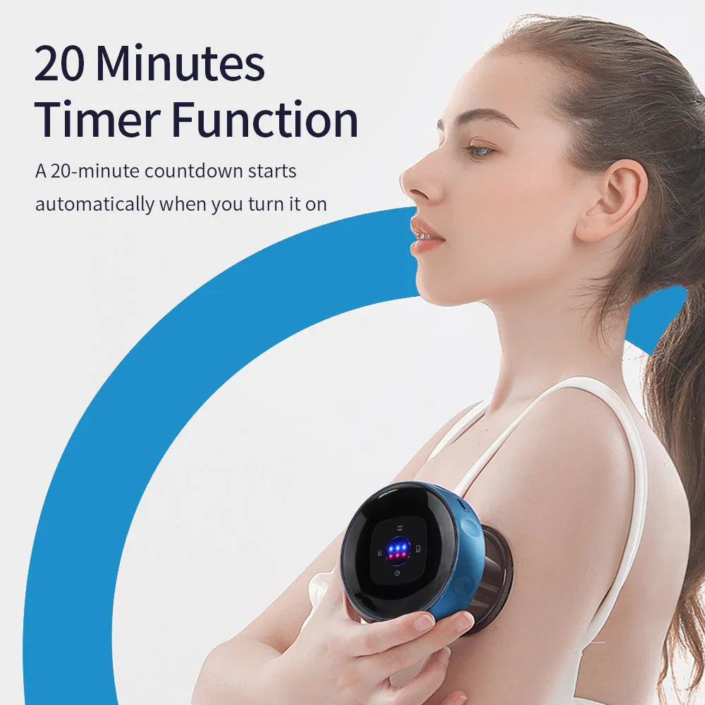 Black electric vacuum cupping massager with LED display and USB charging port on a white background.