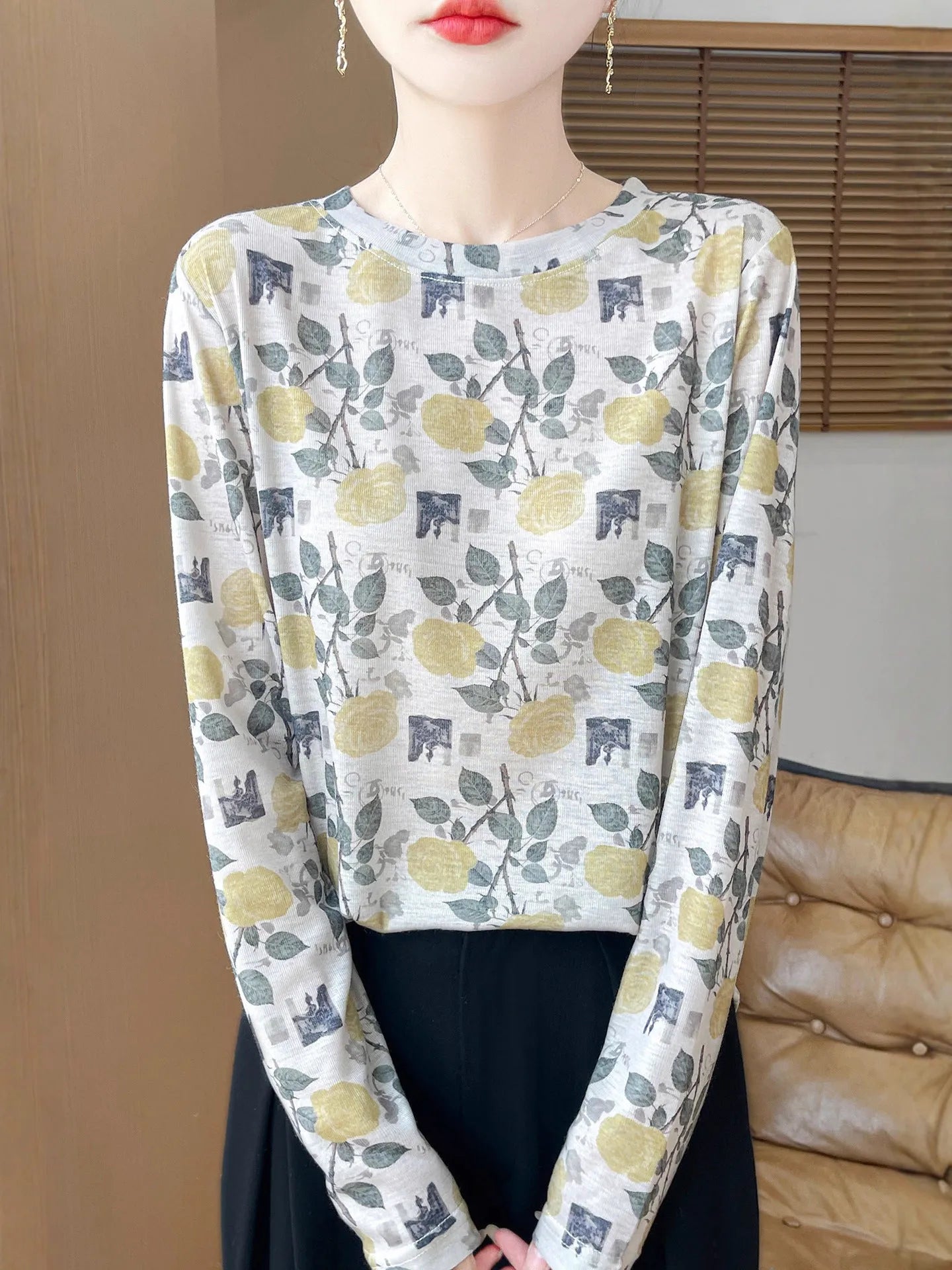 Women's round neck Tencel cotton pullover with floral printed design in various colour options