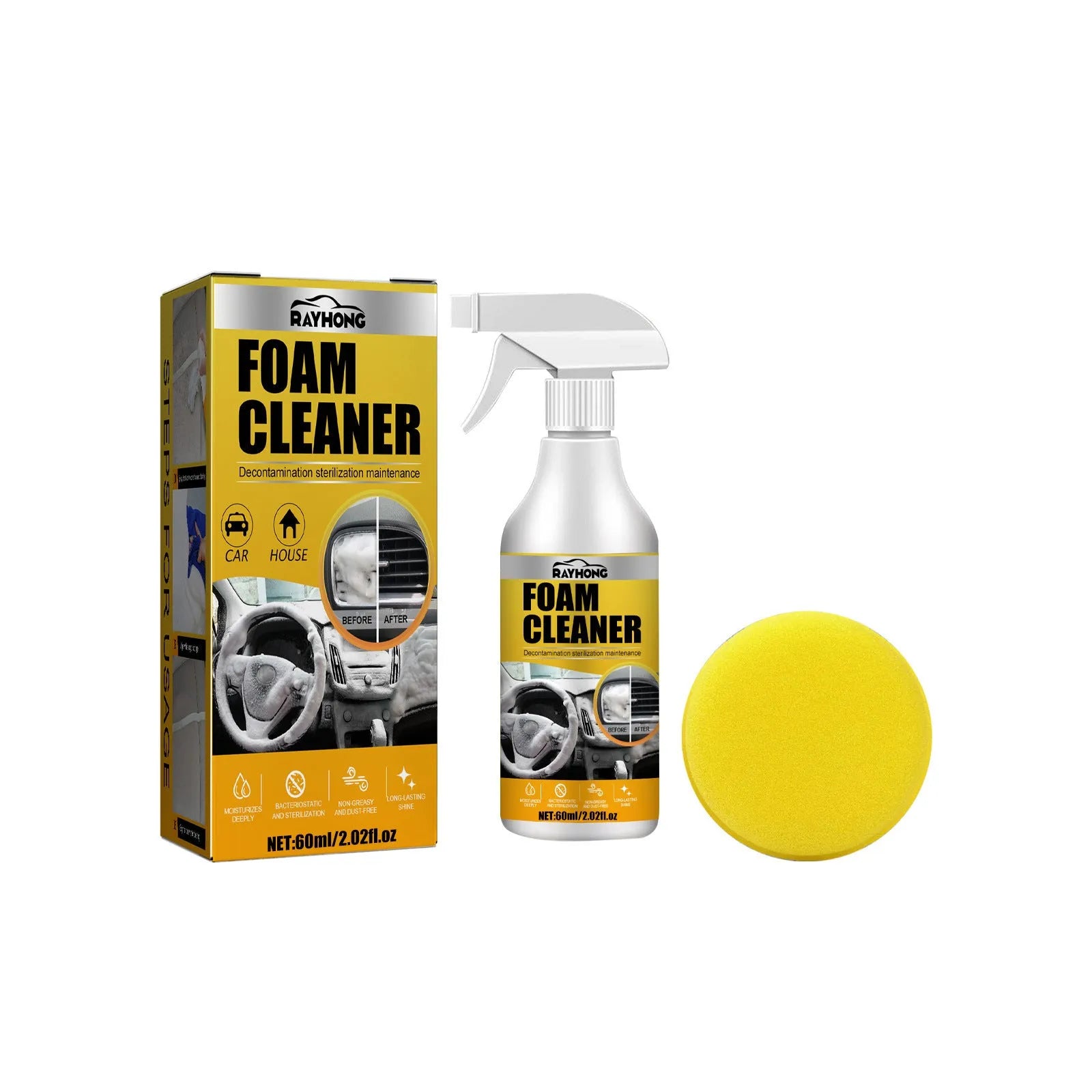 Car interior wash-free foamed cleaner 60ml with 10cm sponge for upholstery cleaning
