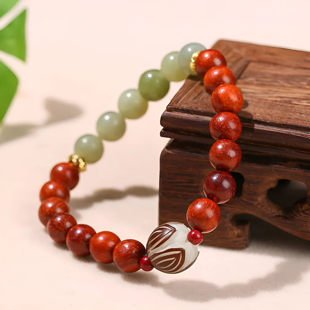 Red rosewood and grey jade Bodhi Lotus bracelet with geometric round beads