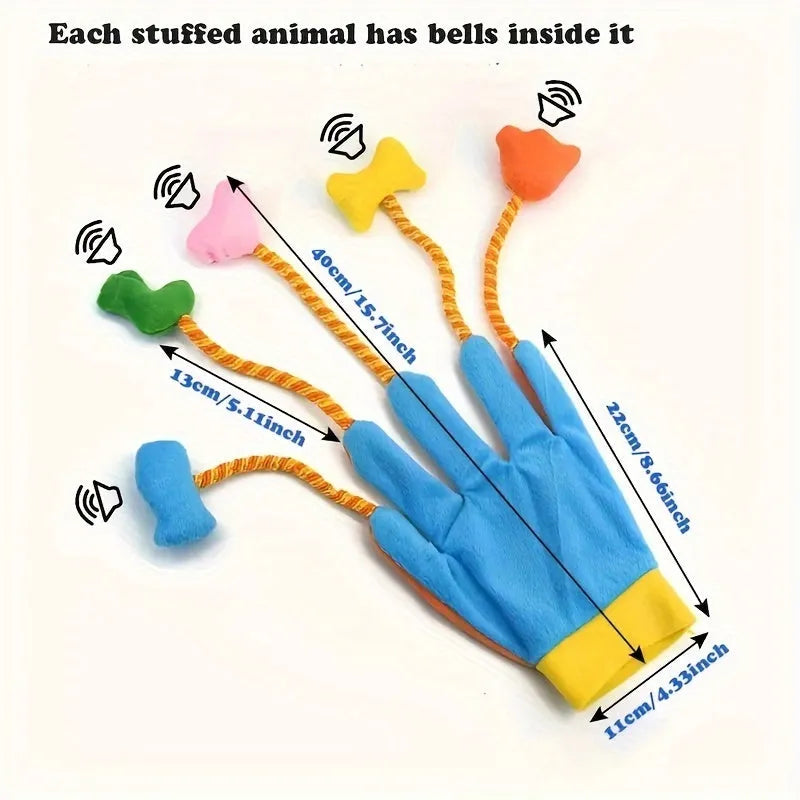 Yellow and blue plush magic glove toy for cats with a bell, shown next to a tape measure indicating its 40 cm length.
