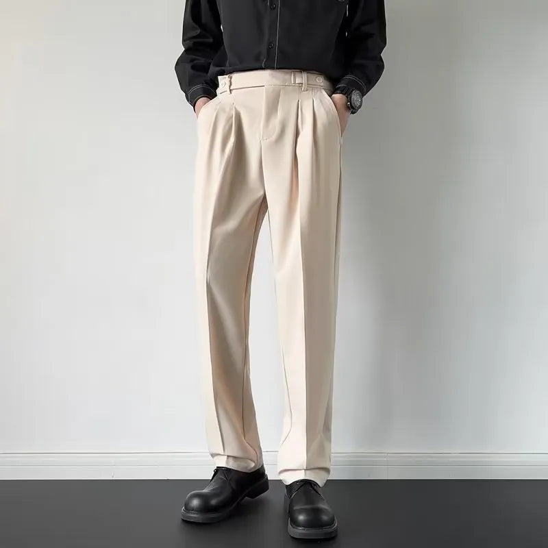 Men's straight loose trousers in apricot colour showing straight leg cut and polyester fabric