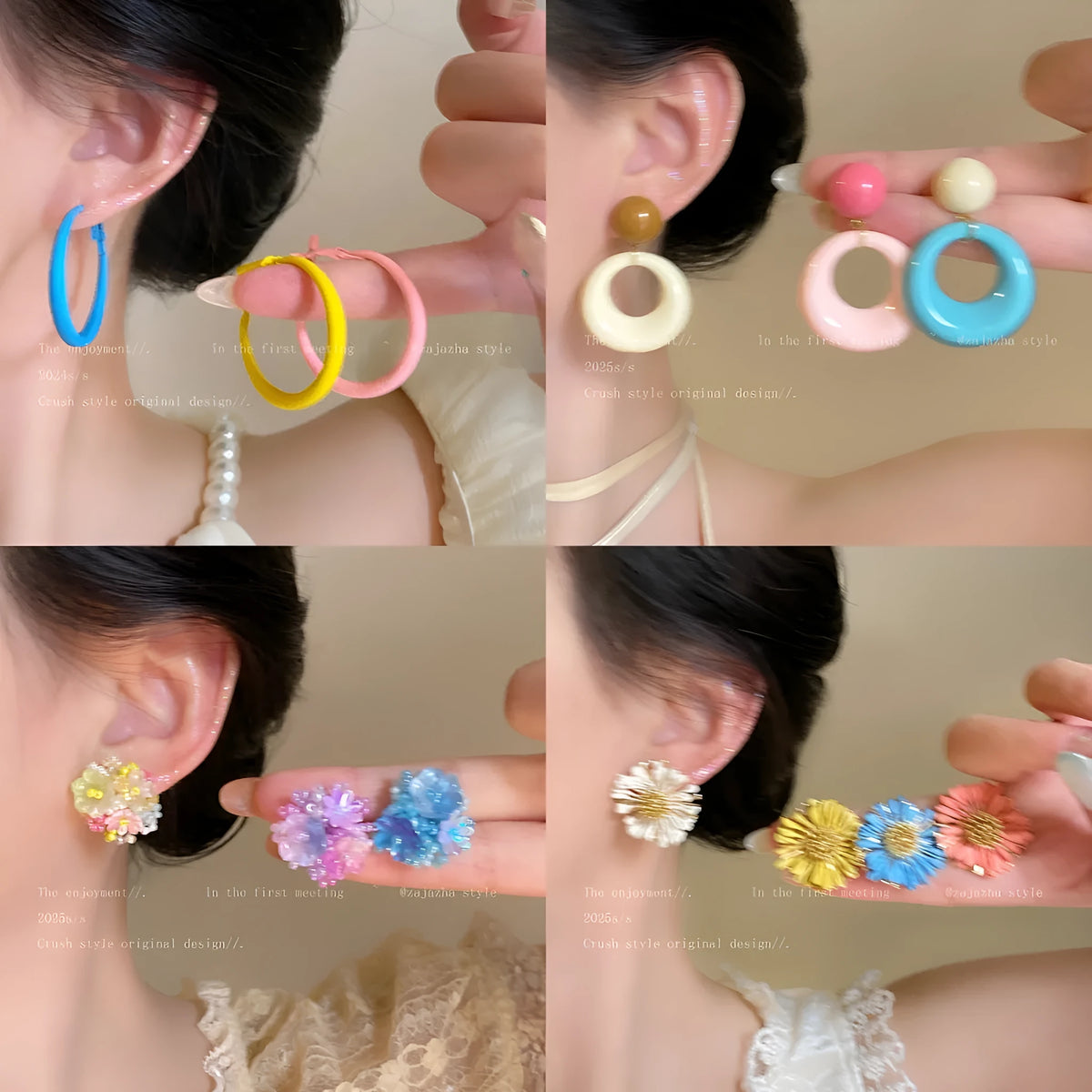 Geometric exaggerated earrings in mixed materials with electroplated finish, seaside vacation Korean style, unisex design