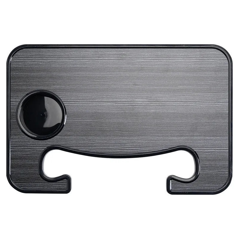 Multi-functional black ABS car steering wheel tray with foldable drink cup holder serving as a laptop stand.