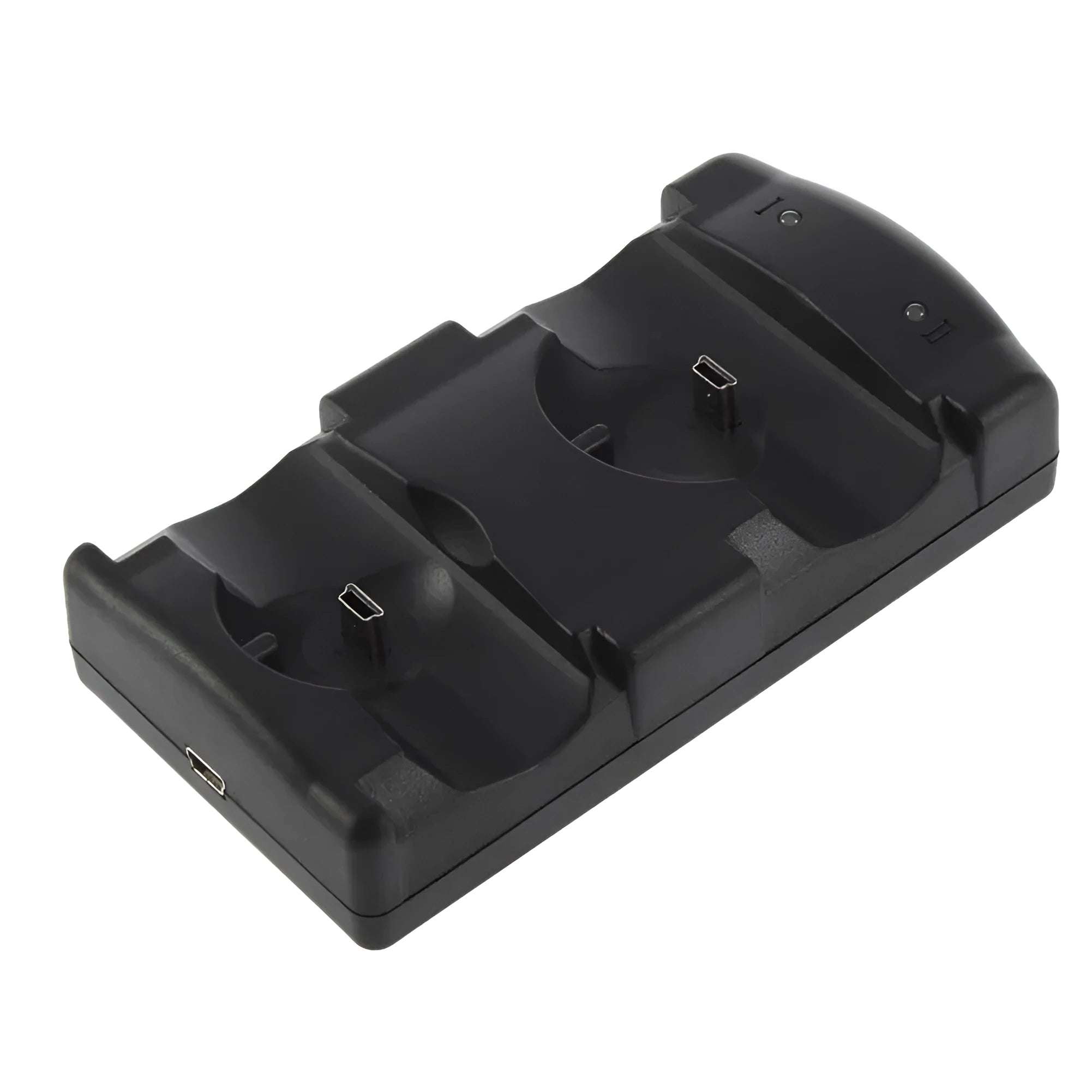 Black PS3 dual controller charging stand with two controller slots and USB connection
