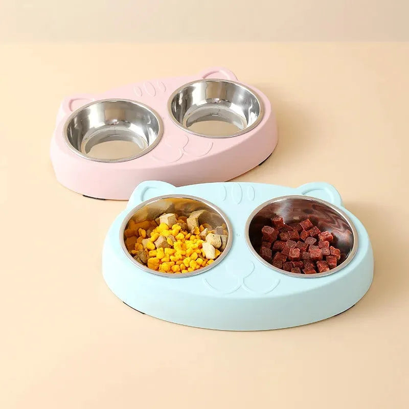 Blue plastic pet feeder tray with two bowls for cat or dog food and water