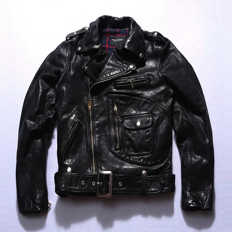Men's black horse leather motorcycle jacket with acetate lining, plain pattern, sizes S to XXL
