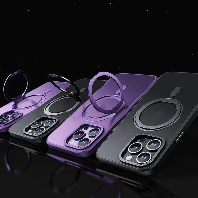 Transparent iPhone case with a magnetic bracket on a grey background.
