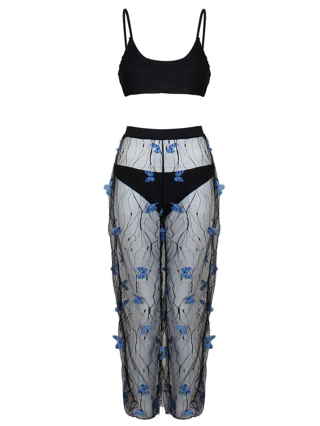 Women's black transparent butterfly pattern bikini three-piece set, showing top, underwear, and pants.