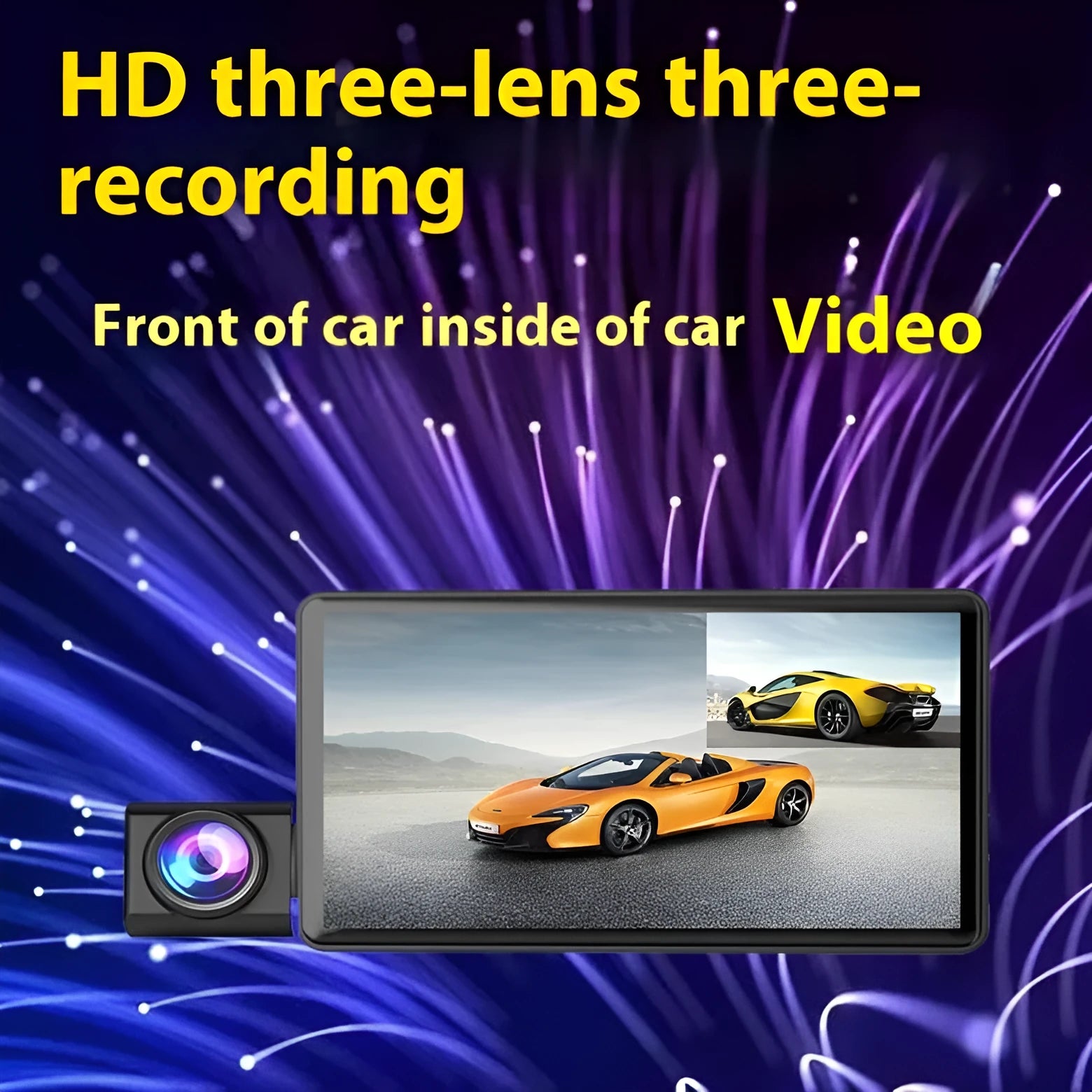 Black three lens dashboard camera with 4 inch screen for front and rear vehicle monitoring