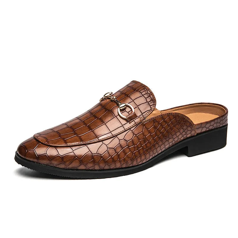 Men's lazy semi slipper leather shoes in black with artificial PU upper, side view