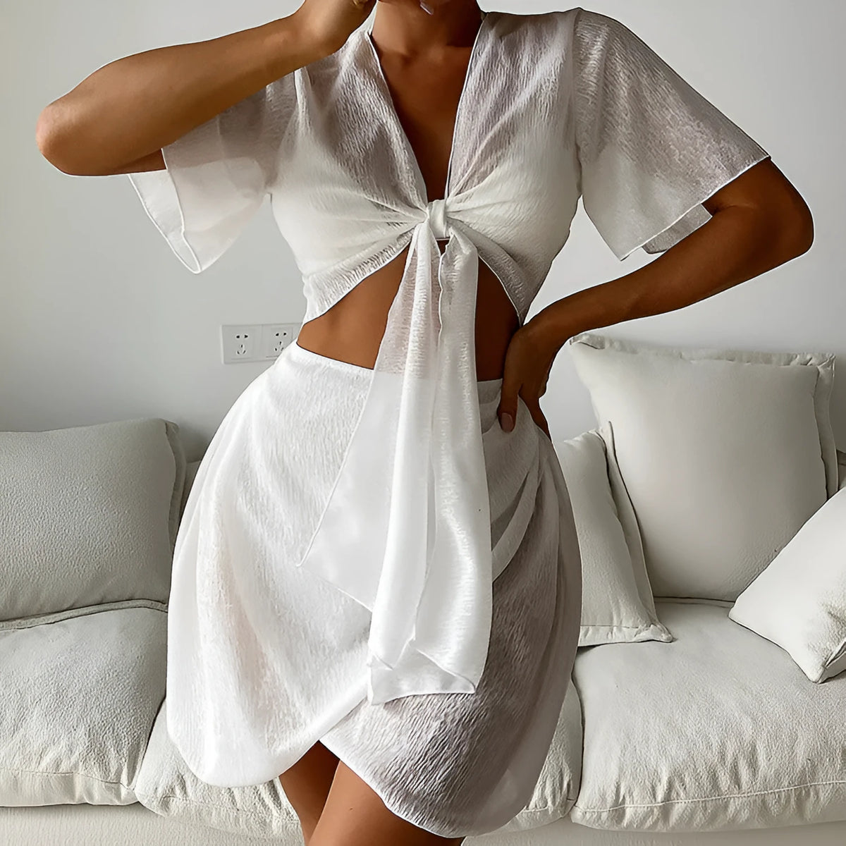 White two-piece women's swimsuit set with top and skirt, sun-proof beach dress style, sizes S M L