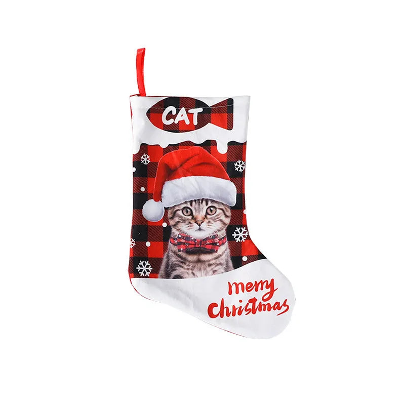American Christmas fabric decoration panel with puppy and cat prints in traditional plaid colours