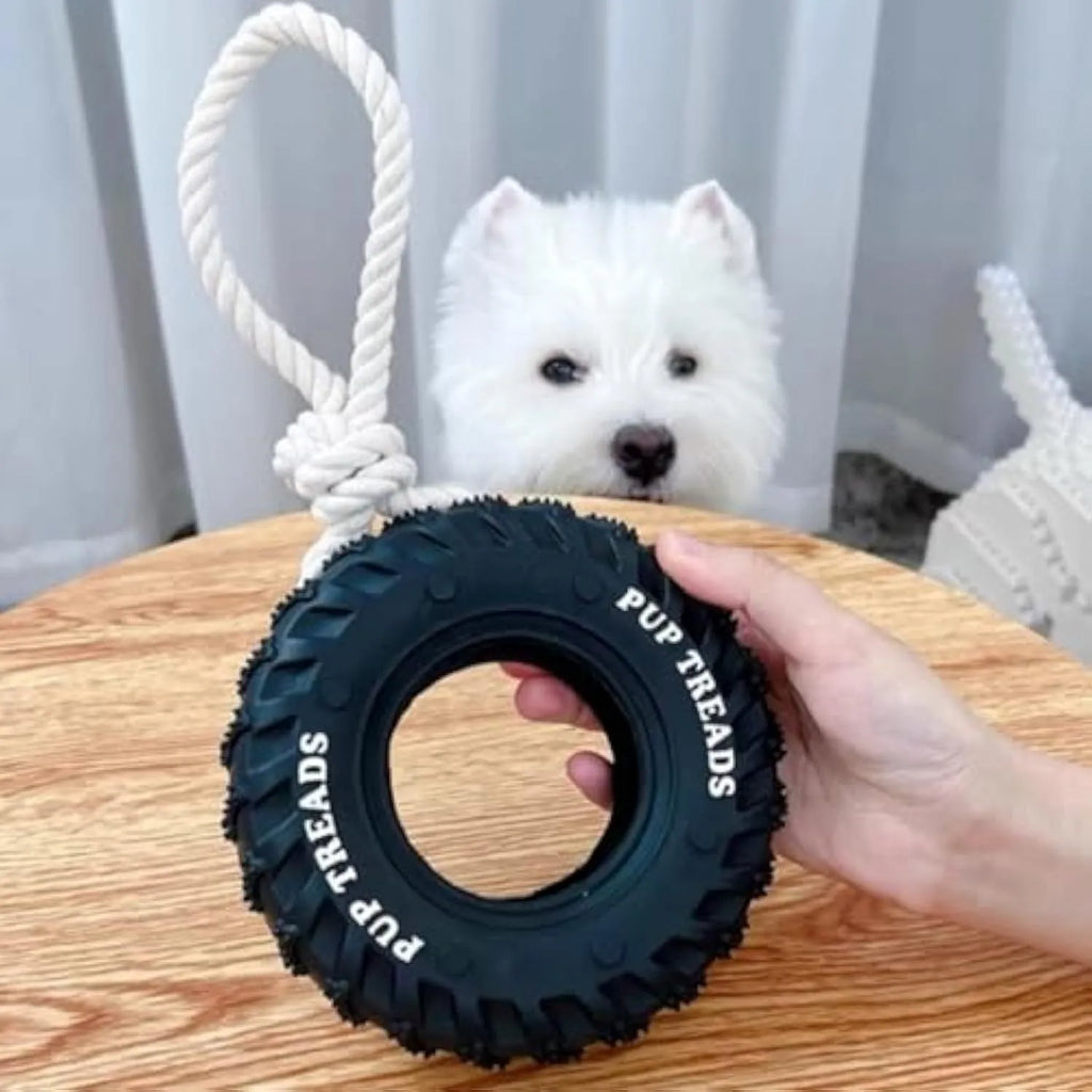 Durable natural rubber dog chew toy for aggressive chewers, tire design, large 35cm size, black