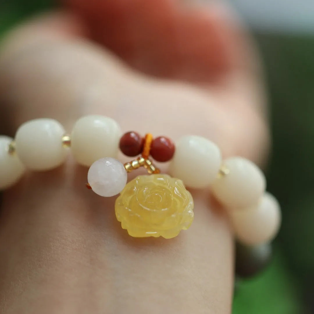 Woven gradient white jade Bodhi bracelet with beeswax lotus charm, 10mm beads, retro flower design