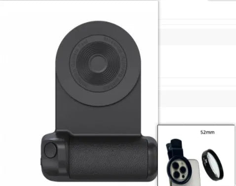 Black magnetic phone camera holder with rotatable grip on wooden table demonstrating phone attachment
