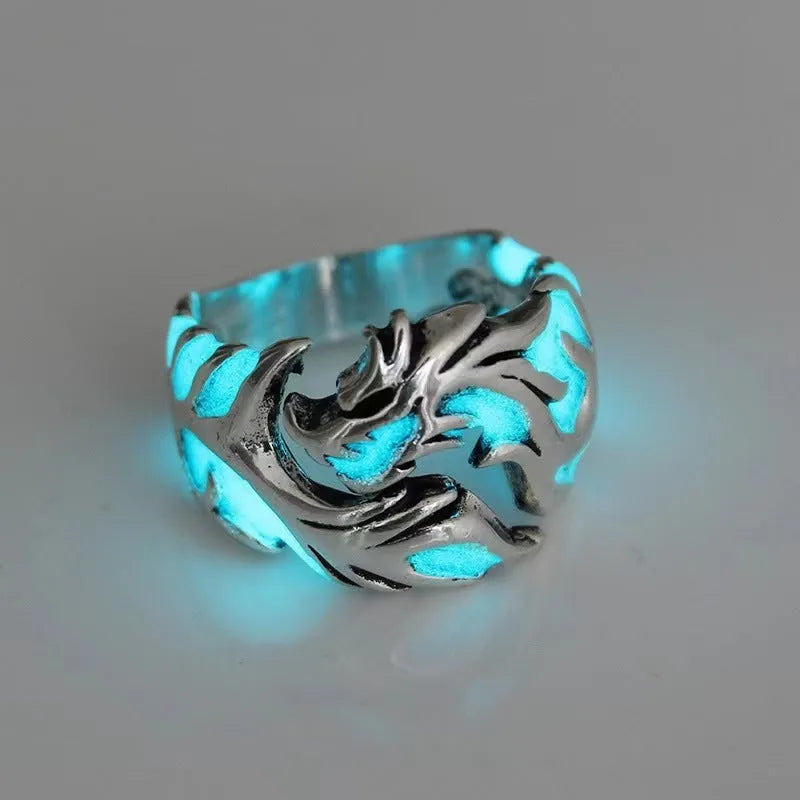 Chinese style luminous dragon pattern adjustable ring in archaism silver blue and green