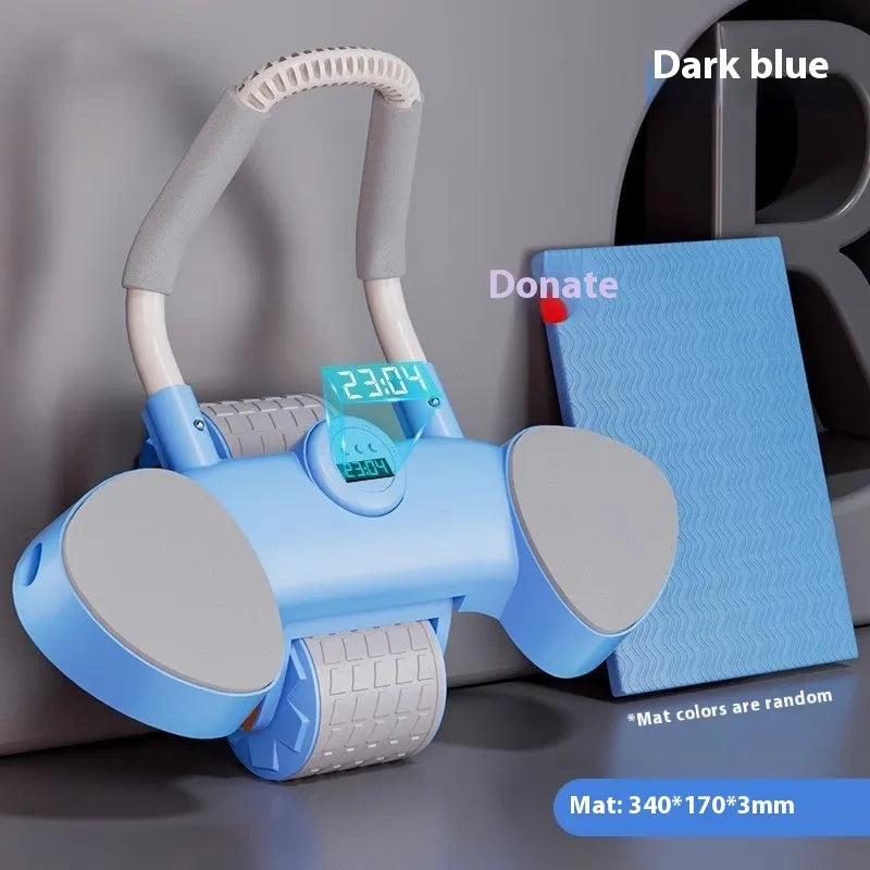 Automatic rebound abdominal exercise wheel with elbow supports in blue on a home floor.