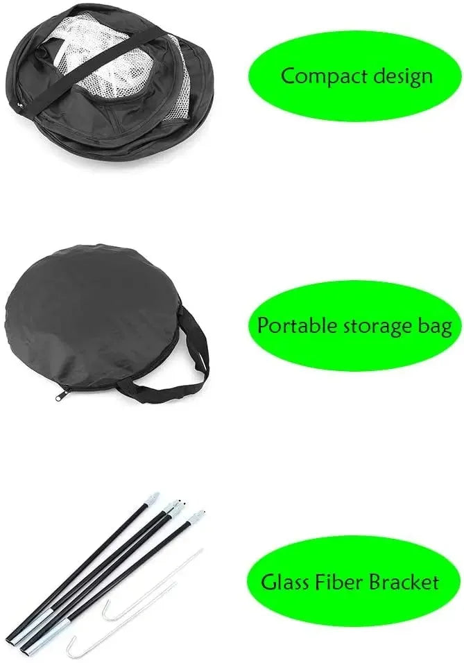 Black foldable golf chipping net with ball collection system, 67x86.5cm, 210D polyester pop-up design