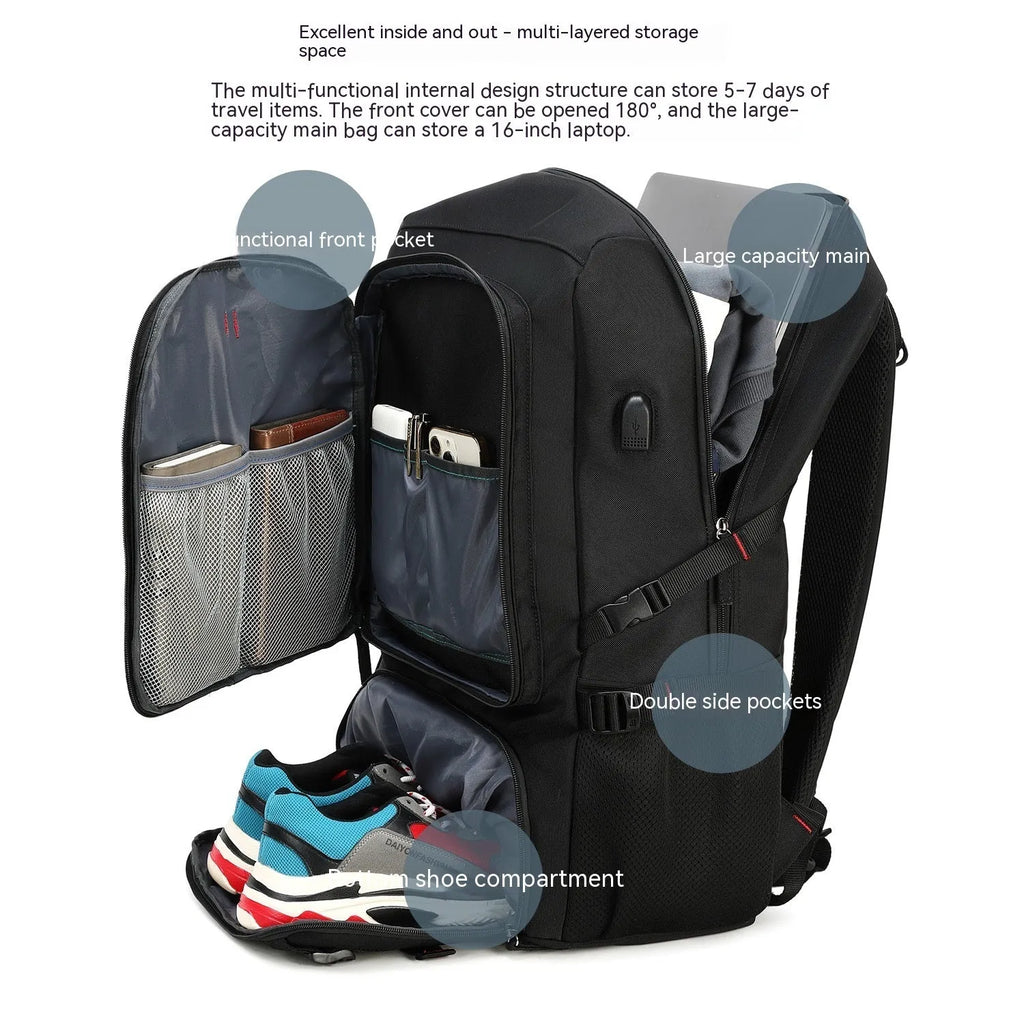 Large capacity business travel backpack for men with Oxford cloth, composite cowhide features and USB interface, 55cm x 20cm x 35cm
