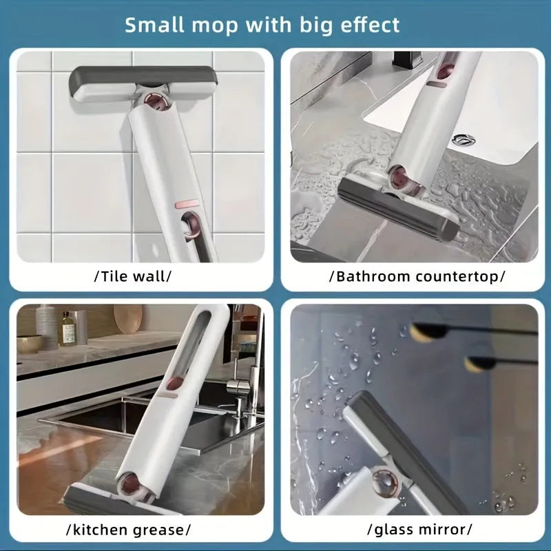 New Portable Self-Squeeze Mini Mop with hand-free wringer and biodegradable sponge on a kitchen counter
