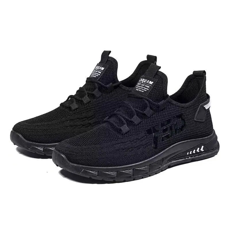 Men's low-top black mesh sneakers with stripe pattern and flat plastic sole on a white background.