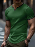 Men's colour-block V-neck outdoor sports T-shirt in waffle fabric on a hanger.