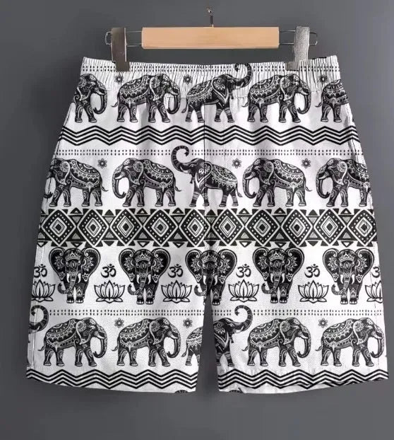 Men's casual polyester sports shorts in multiple patterns including stripes and camouflage designs