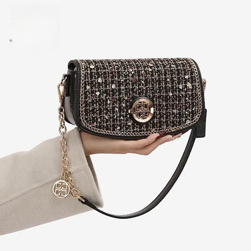 Black polyester crossbody underarm chain shoulder bag for commuting and leisure travel with chain detail