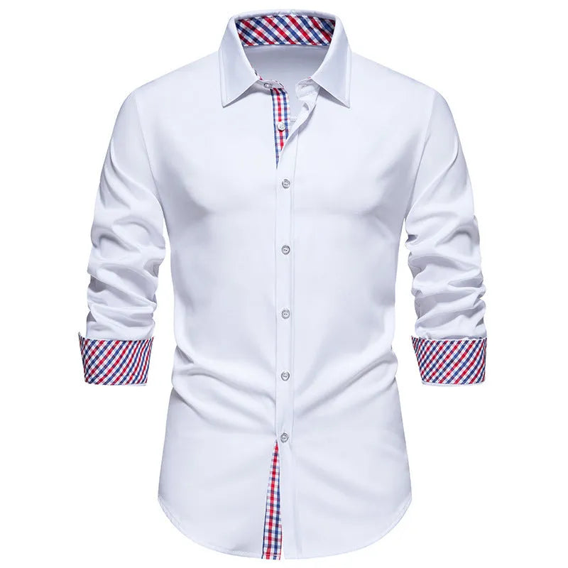 Men's loose fit plaid stitching casual long-sleeved shirt in chemical fibre blend fabric