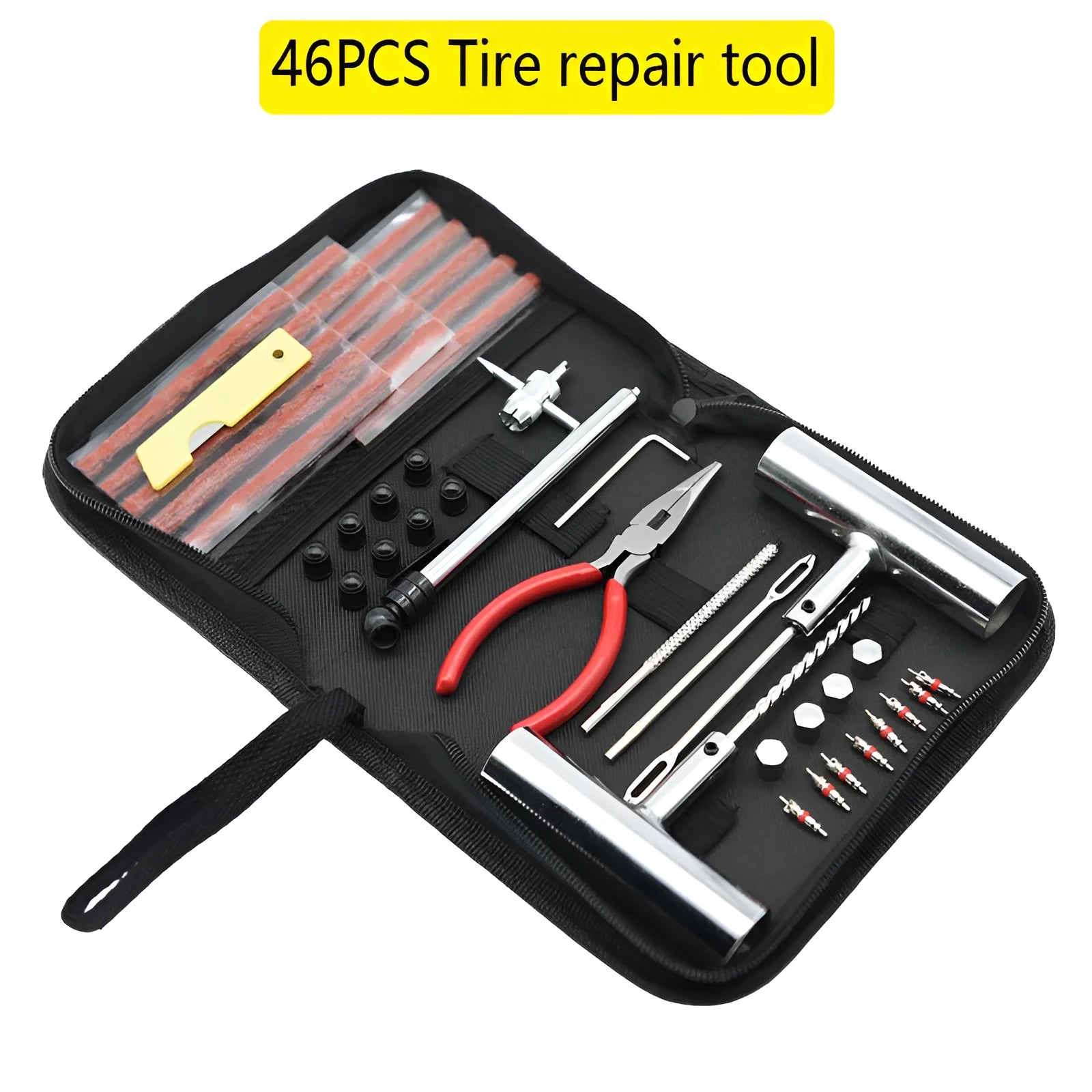 43-piece steel tyre repair kit in compact cloth storage bag for vehicle puncture emergencies