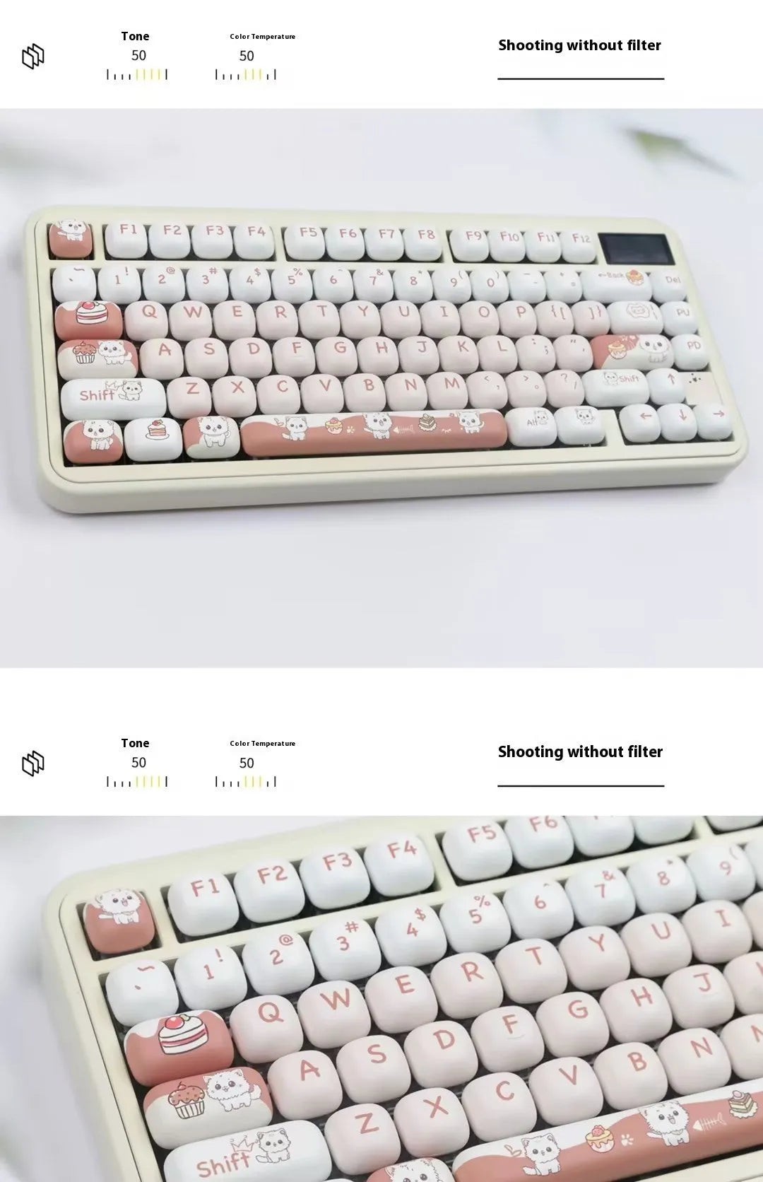 Round mechanical keyboard key cap set with colourful dessert cat cartoon design.