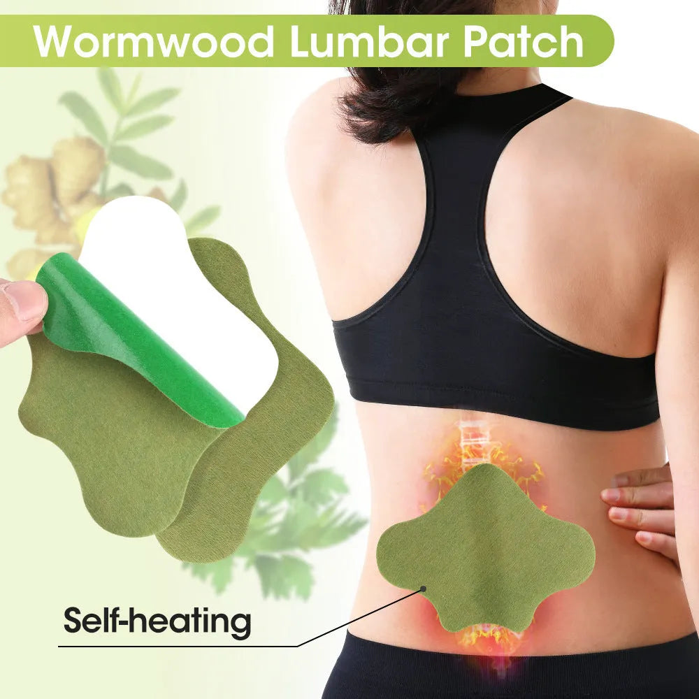 Bag of 12 Chinese mugwort herbal adhesive patches for knee, lumbar, cervical spine and foot application.