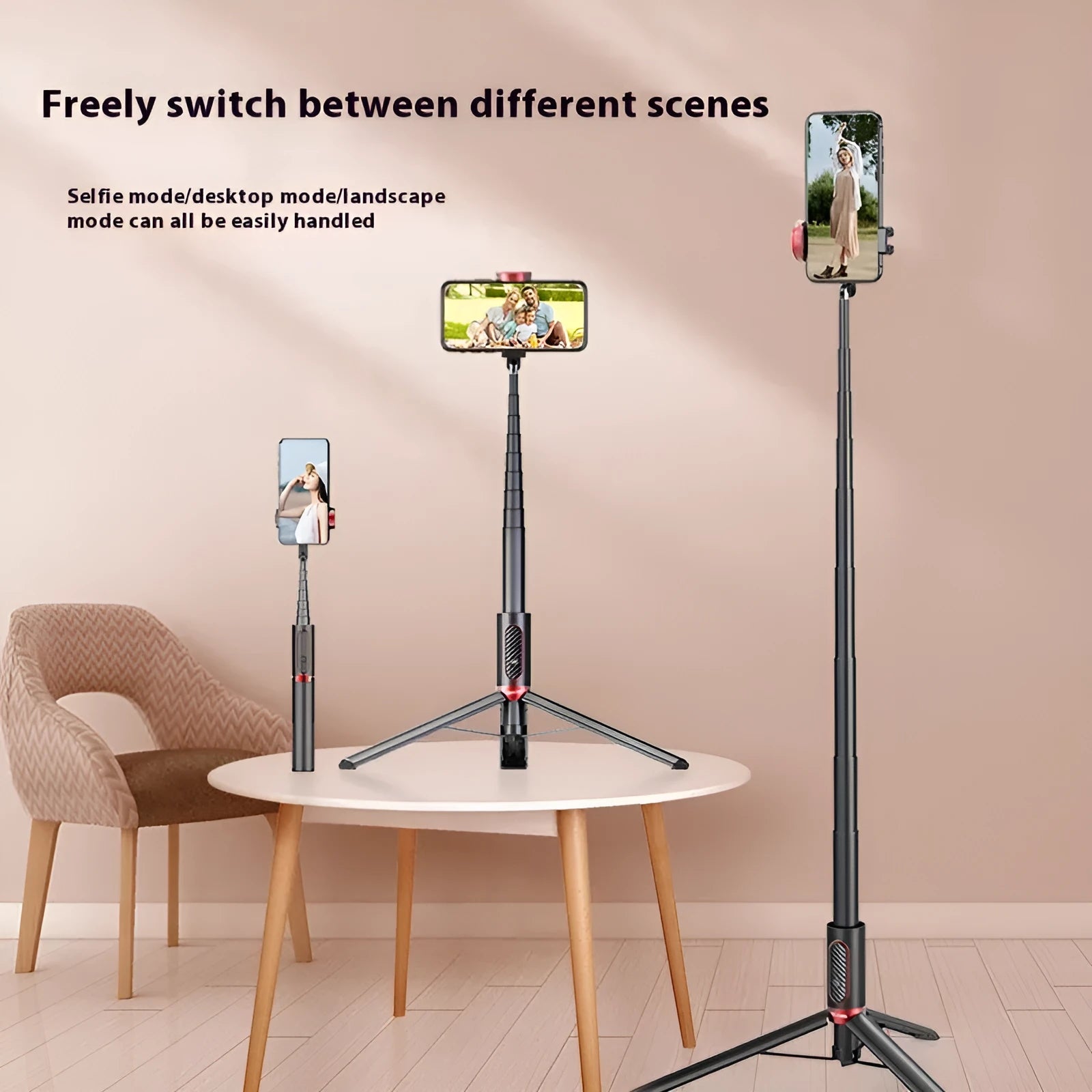 Black gold aluminum alloy Bluetooth selfie stick tripod extended to 1.7m holding a smartphone