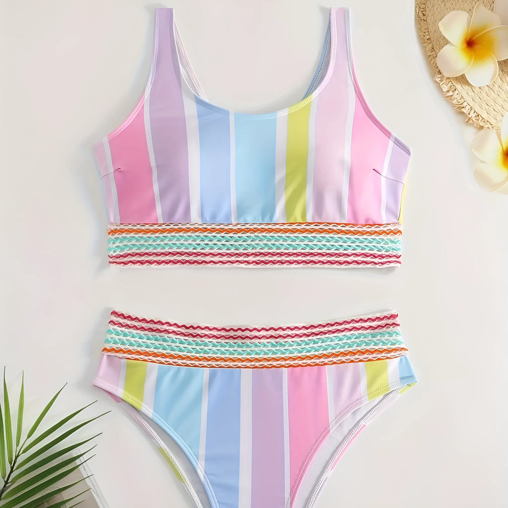 Women's striped bikini set in picture colour, briefs style with spandex lining.