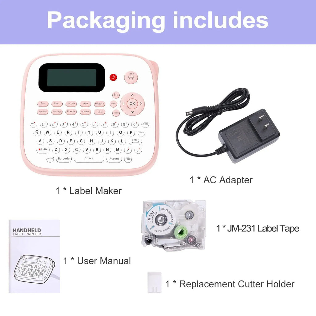 Mini portable label printer in pink or yellow with JM-231 black on white label tape, AC adapter, and replacement cutter holder