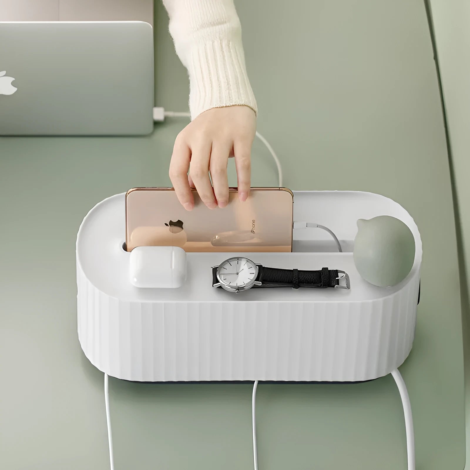 Blue and white HIPS plastic power strip storage box with lid open, showing phone slot and cable holes.