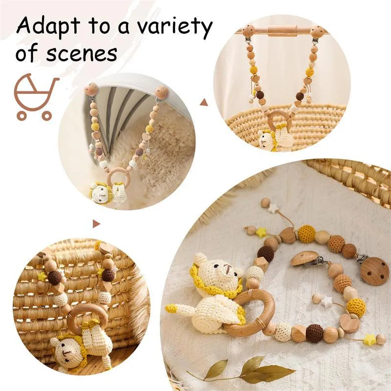Baby crib hanging bunny music toy with metal construction in cart chain rabbit colour, showing biteable pendant for infant soothing and development.