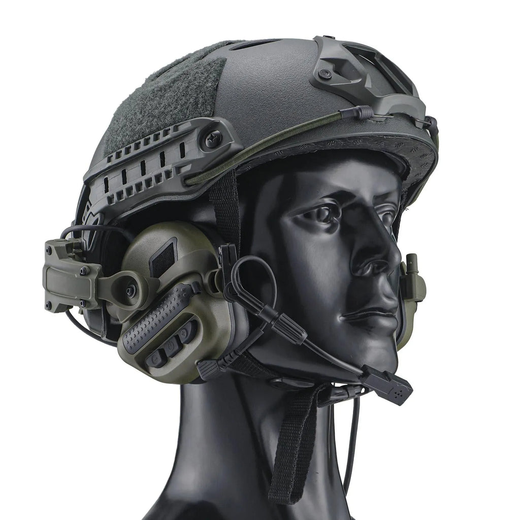 Tactical helmet style noise cancelling headphones with wired U-174 plug, ABS nylon construction, black colour