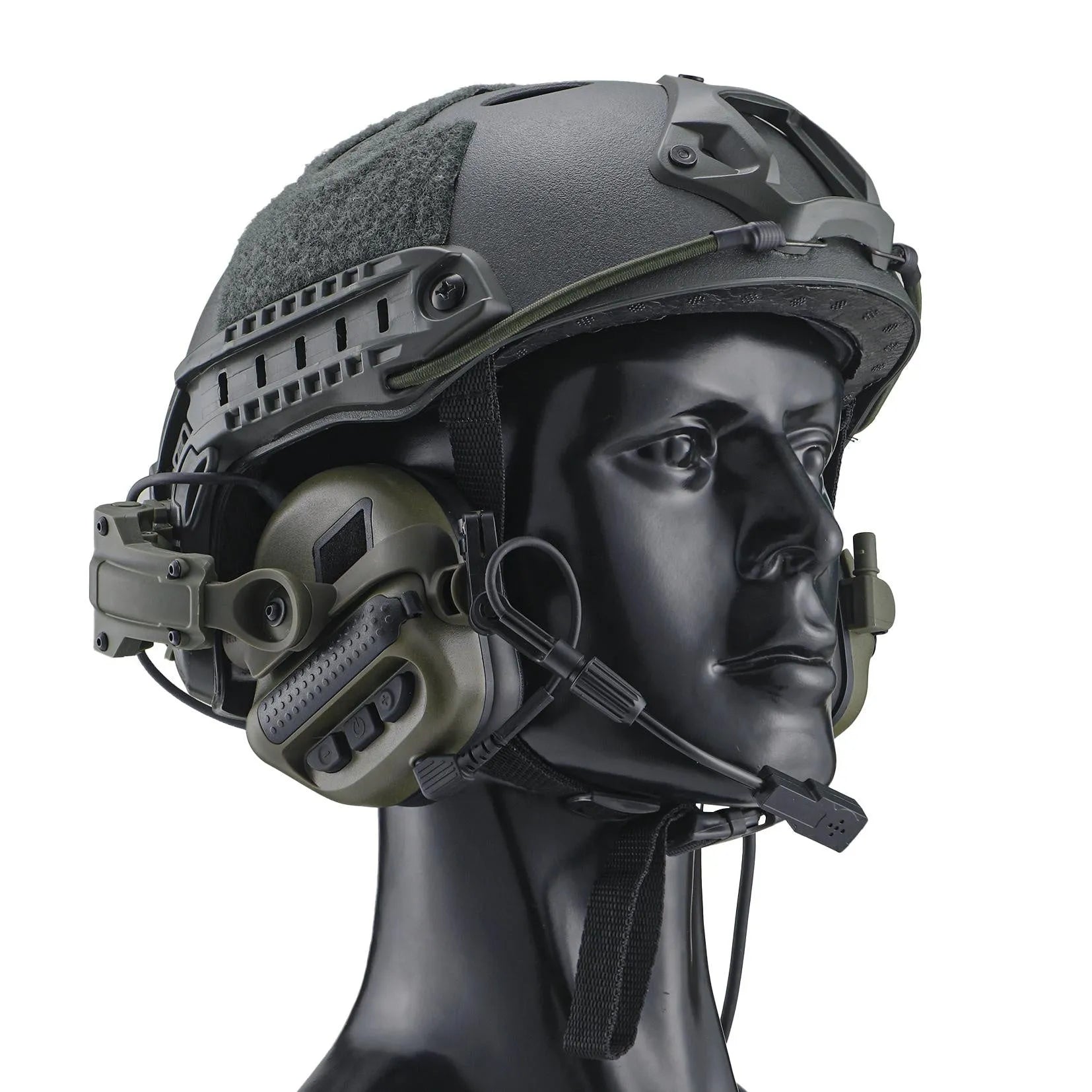 Tactical helmet style noise cancelling headphones with wired U-174 plug, ABS nylon construction, black colour