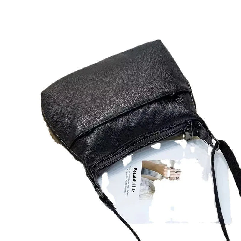 Genuine leather large capacity horizontal square shoulder crossbody bag with black plaid pattern