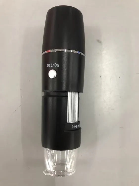 Black microscope magnifier camera phone with 1000x zoom and LED lights showing a sample on a phone screen